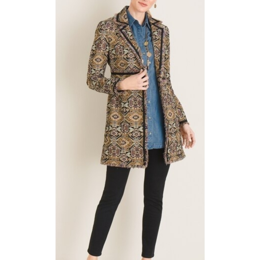 Chico's Fringe trim Jacquard Topper jacket size 1 =M/8 - Picture 2 of 12
